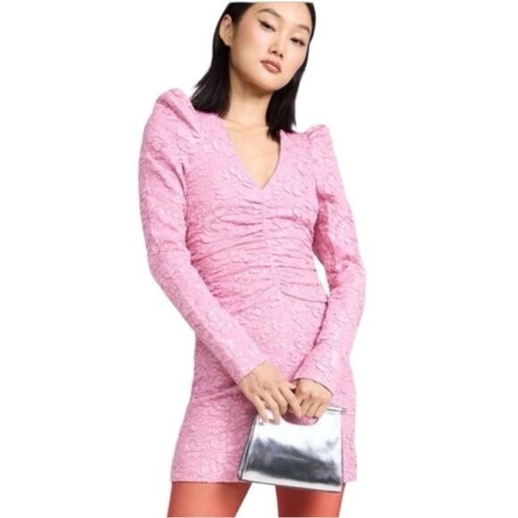 GANNI Stretch Jacquard V Neck Mini Dress in Orchid Smoke Pink Size 34 2 - Picture 4 of 15